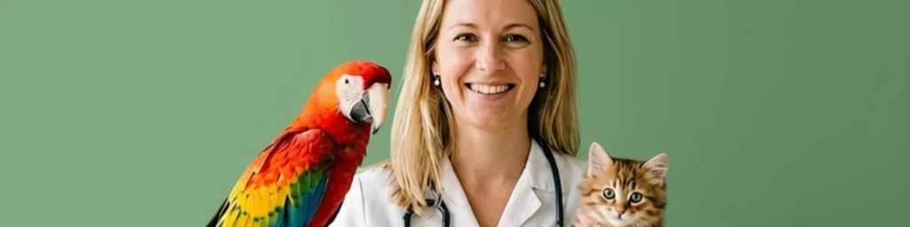 santé holistique animale- femme vétérinaire souriante avec ara et chaton